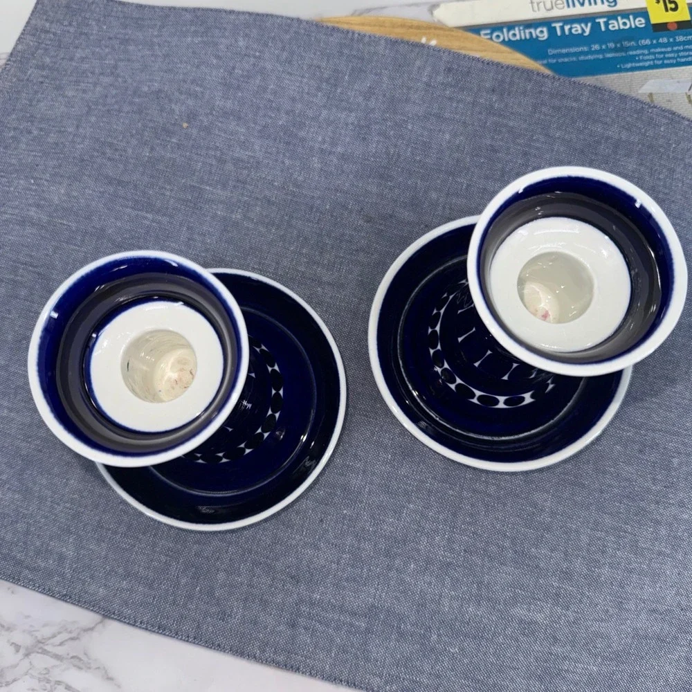 Arabia Finland Valencia Candle Sticks Set 2 Ulla Procope Blue White Hand Painted